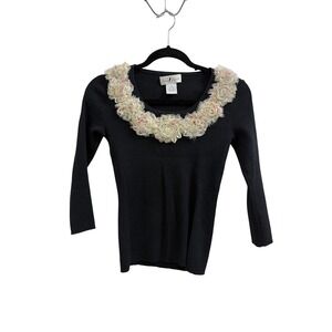Once Again Y2K Black Ribbed Knit 3D Floral Rosette Collar Sweater Top Small